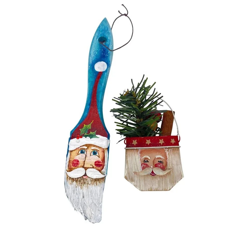 Hand‎ painted Santa Claus Christmas tree ornaments paint brush metal pocket